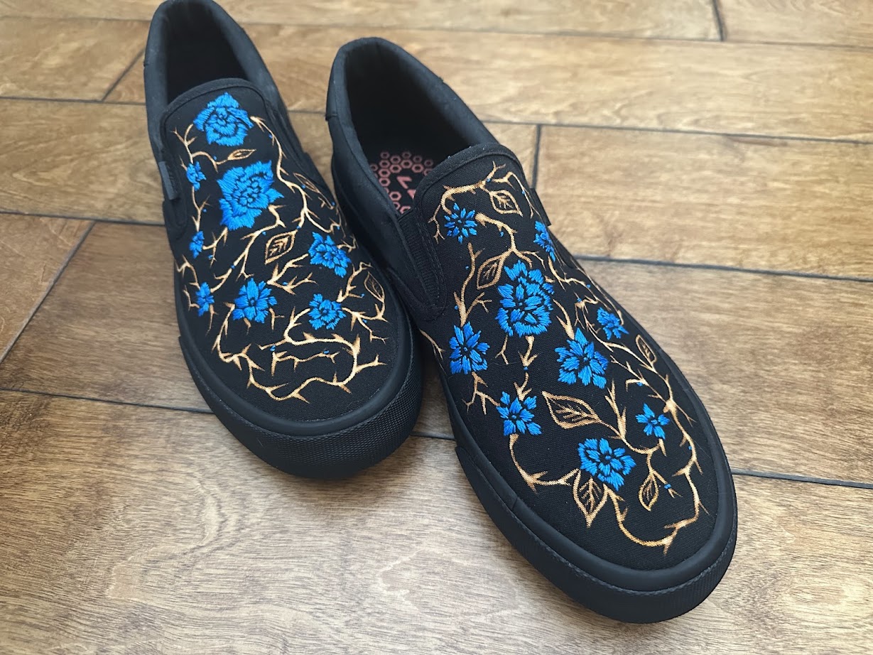 Custom bleached and embroidered shoes